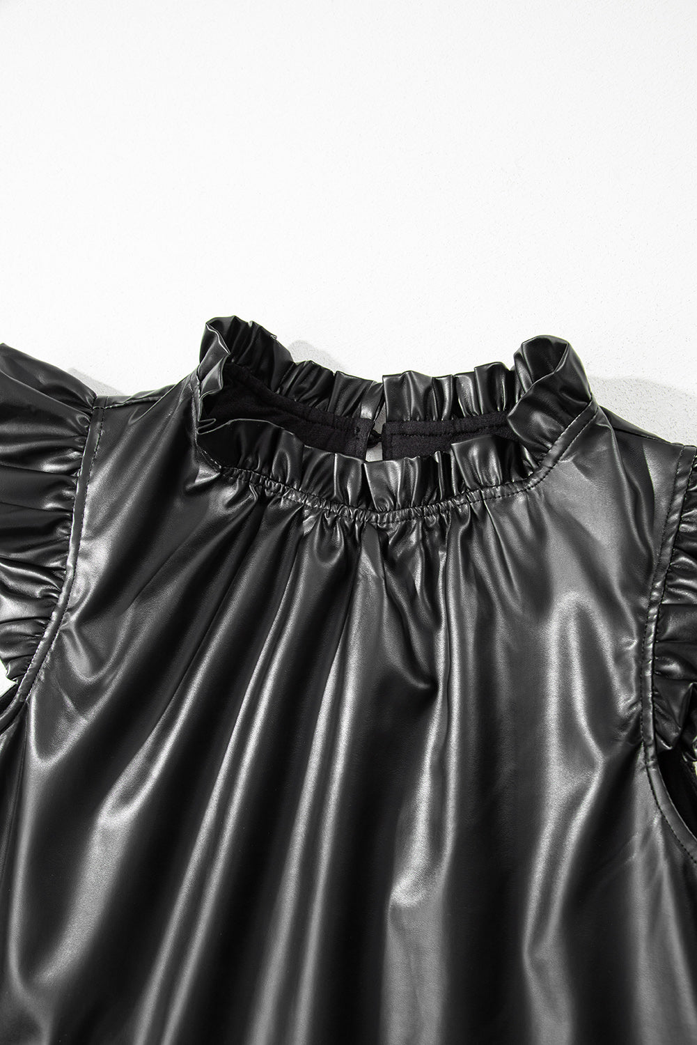 Black PU Leather Frilly Ruffle Trim Blouse-Tops/Blouses & Shirts-[Adult]-[Female]-2022 Online Blue Zone Planet