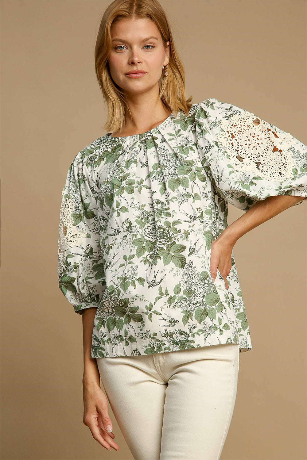 Umgee Floral Pleated Detail Lace Trim Sleeve Blouse-TOPS / DRESSES-[Adult]-[Female]-Sage-S-2022 Online Blue Zone Planet