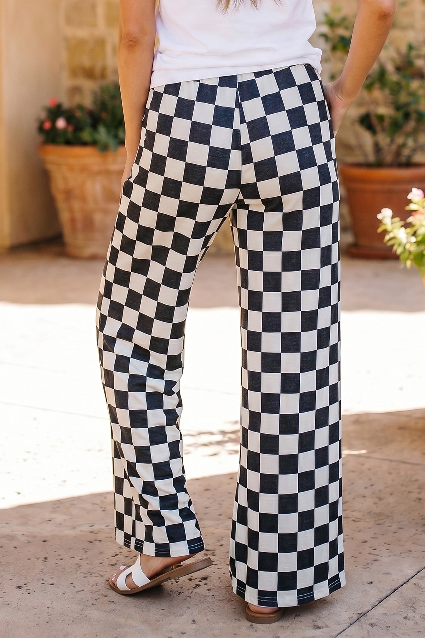 Blue Zone Planet | Black 2-Tone Checked Print High Waist Wide Leg Pants-Bottoms/Pants & Culotte-[Adult]-[Female]-2022 Online Blue Zone Planet