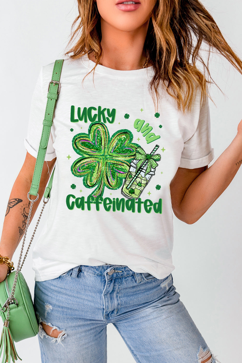 White Lucky And Caffeinated Clover Graphic St Patrick Tee