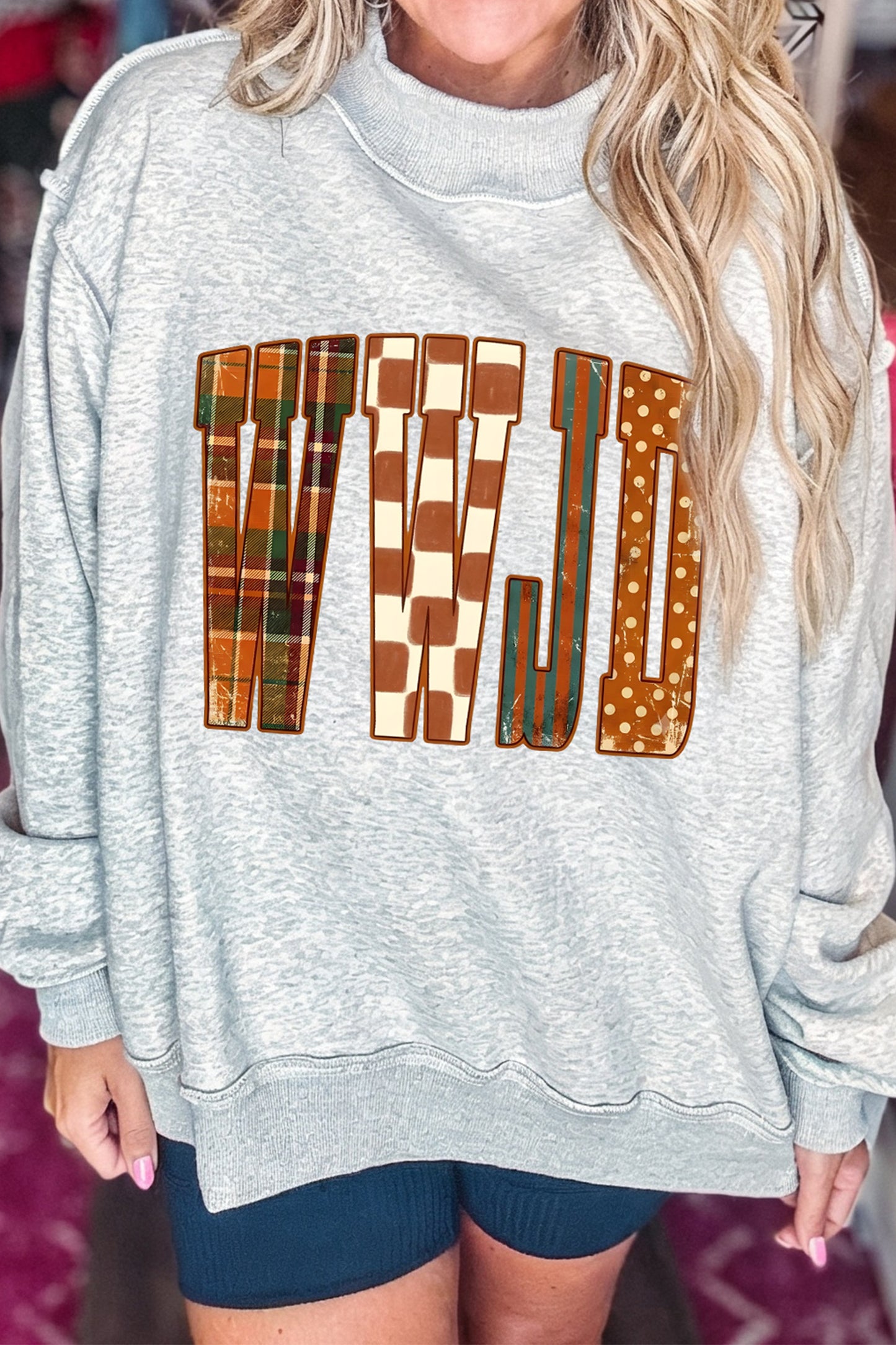 Light Grey WWJD Graphic Mock Neck Oversized Sweatshirt-Graphic/Graphic Sweatshirts-[Adult]-[Female]-2022 Online Blue Zone Planet