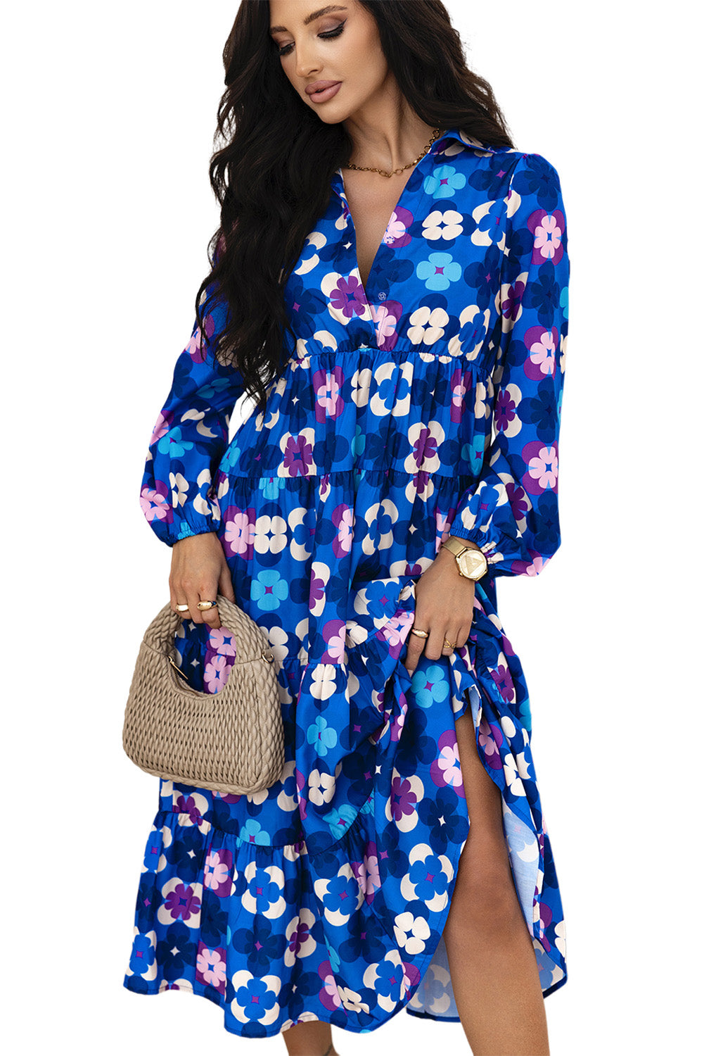 Blue Zone Planet | Blue Floral Peasant Sleeve Tiered Ruffle Midi Dress-TOPS / DRESSES-[Adult]-[Female]-2022 Online Blue Zone Planet