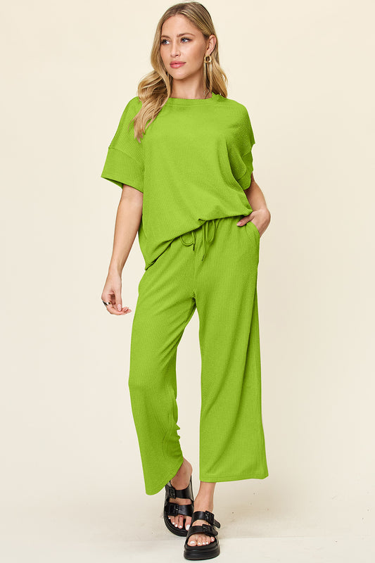 Blue Zone Planet | Double Take Full Size Texture Round Neck Short Sleeve T-Shirt and Wide Leg Pants-TOPS / DRESSES-[Adult]-[Female]-Lime-S-2022 Online Blue Zone Planet