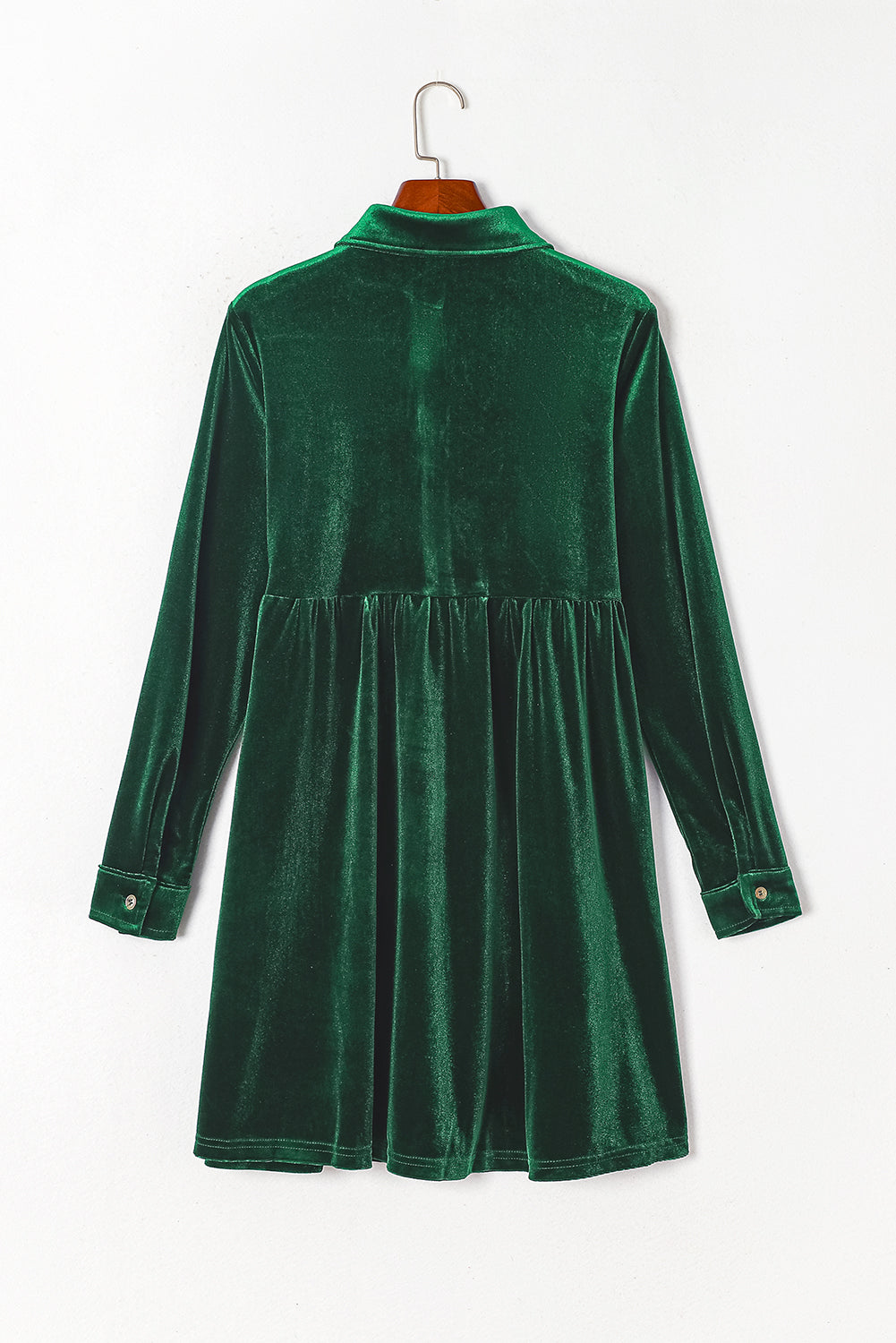 Blue Zone Planet | Green Long Sleeve Ruffle Velvet Button Up Dress-TOPS / DRESSES-[Adult]-[Female]-2022 Online Blue Zone Planet