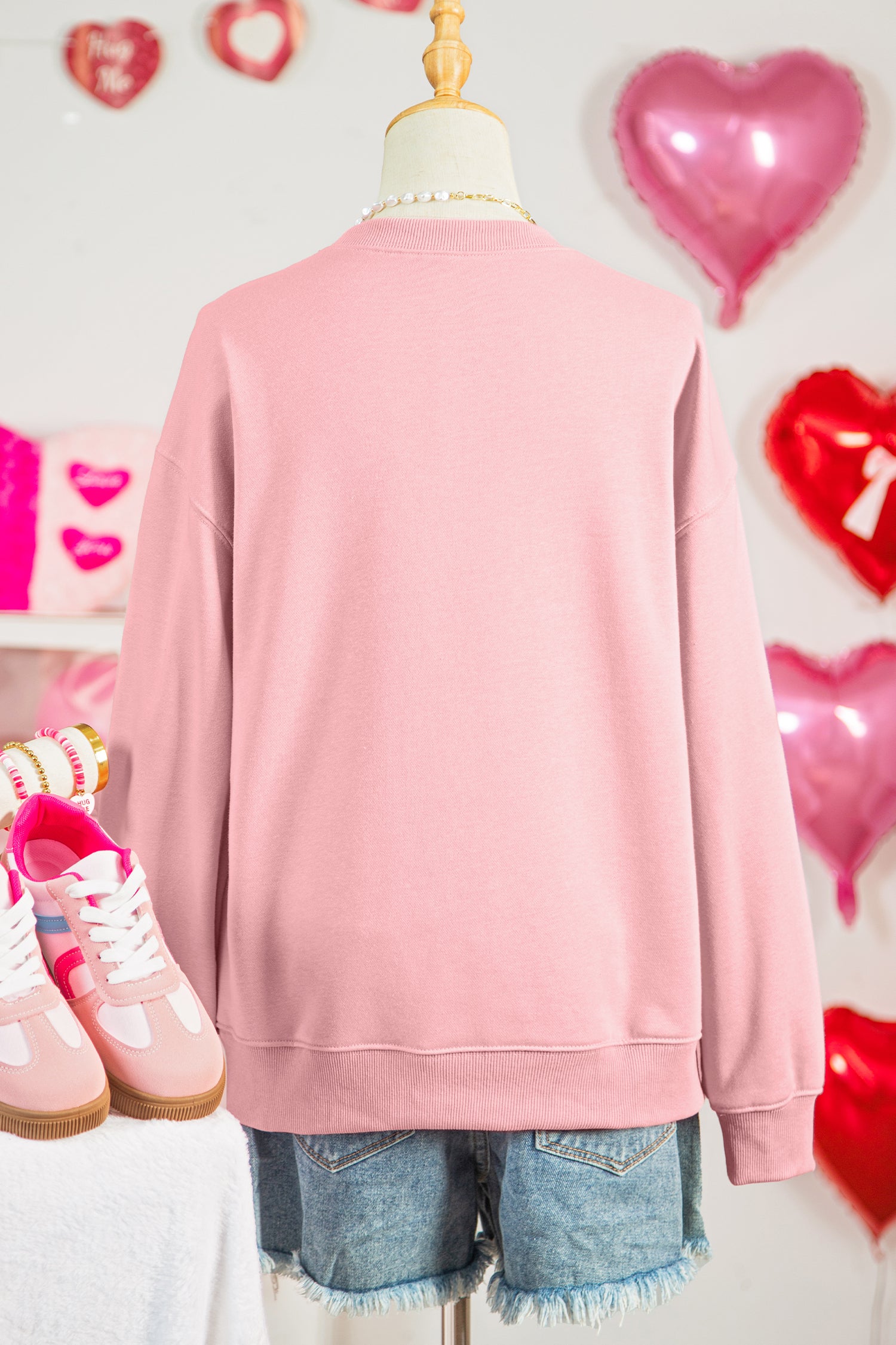 Pink LOVE In Hearts Embroidered Graphic Sweatshirt-Graphic Sweatshirts-[Adult]-[Female]-2022 Online Blue Zone Planet