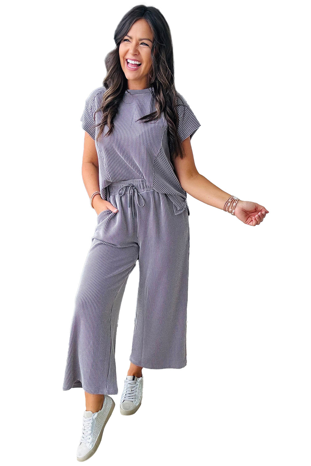 Wild Wind Solid Corded Short Sleeve T Shirt and Wide Leg Pants Set-Two Piece Pants Sets-[Adult]-[Female]-2022 Online Blue Zone Planet