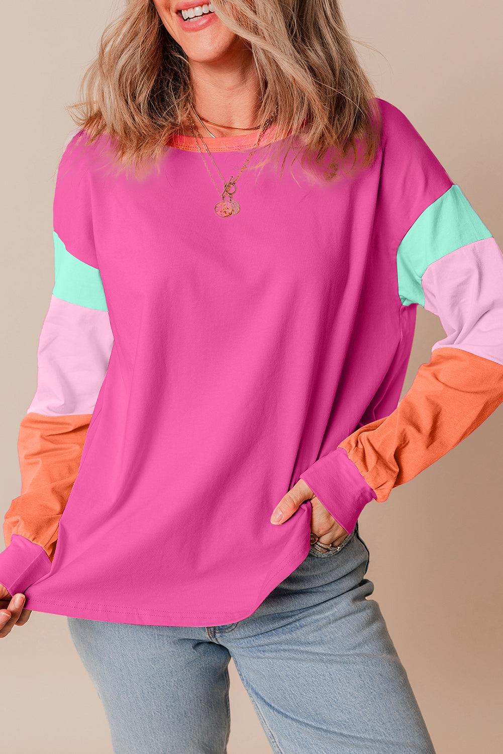 Blue Zone Planet | Green Colorblock Patchwork Long Sleeve Loose Top-TOPS / DRESSES-[Adult]-[Female]-2022 Online Blue Zone Planet