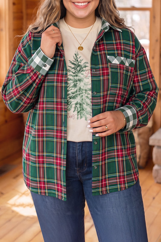 Green Plaid Long Sleeve Shift Plus Size Shirt
