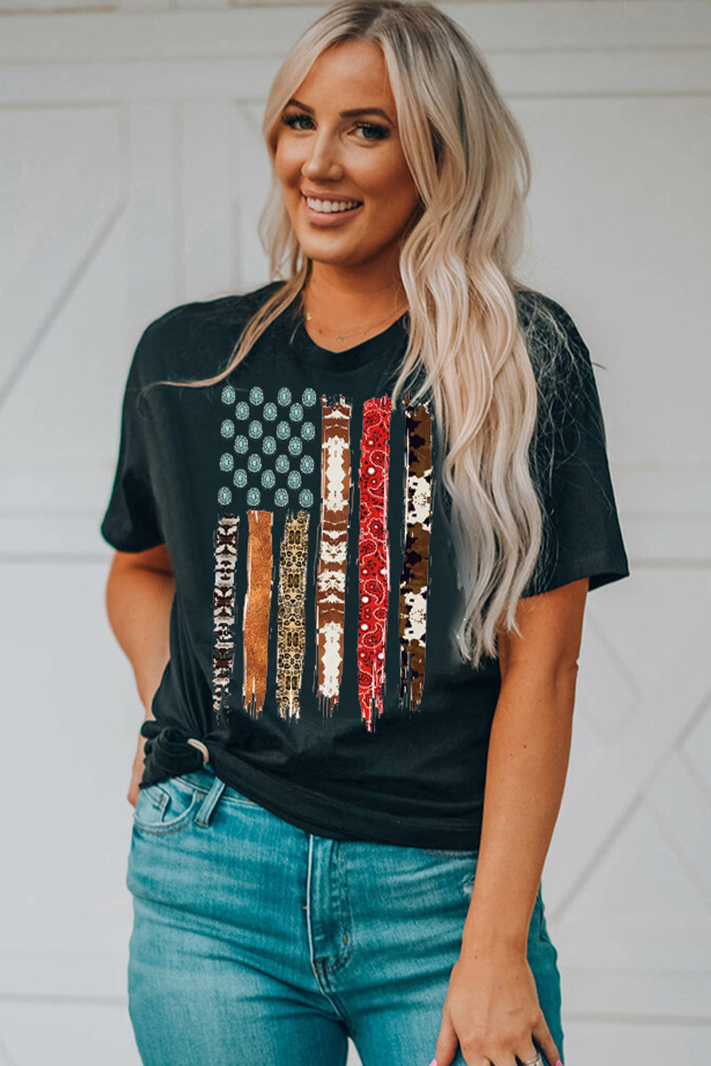 Black Western American Flag Graphic Tee-Graphic/Graphic Tees-[Adult]-[Female]-2022 Online Blue Zone Planet