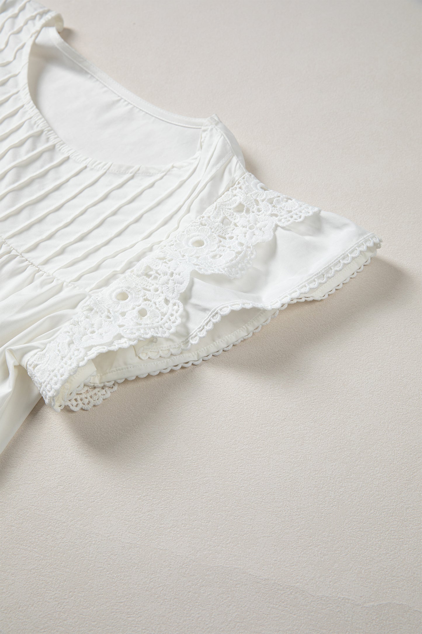 White Lace Detail Flutter Sleeve Pleated Round Neck Blouse-Tops/Blouses & Shirts-[Adult]-[Female]-2022 Online Blue Zone Planet
