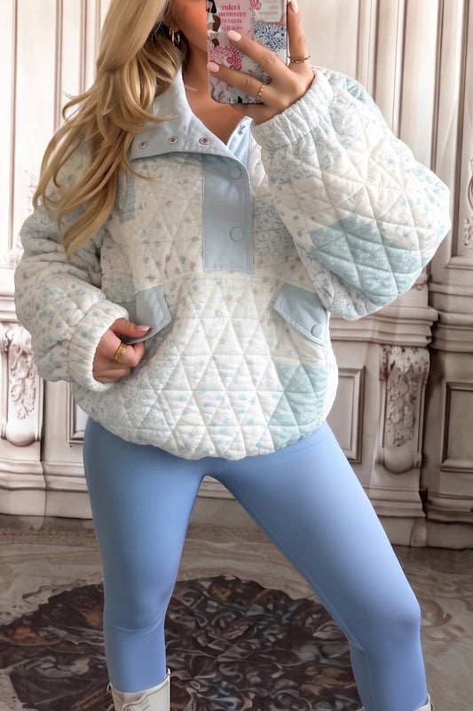 Multicolour Floral Quilted Half Button Pocketed Pullover Sweatshirt-Tops/Sweatshirts & Hoodies-[Adult]-[Female]-Multicolour-S-2022 Online Blue Zone Planet