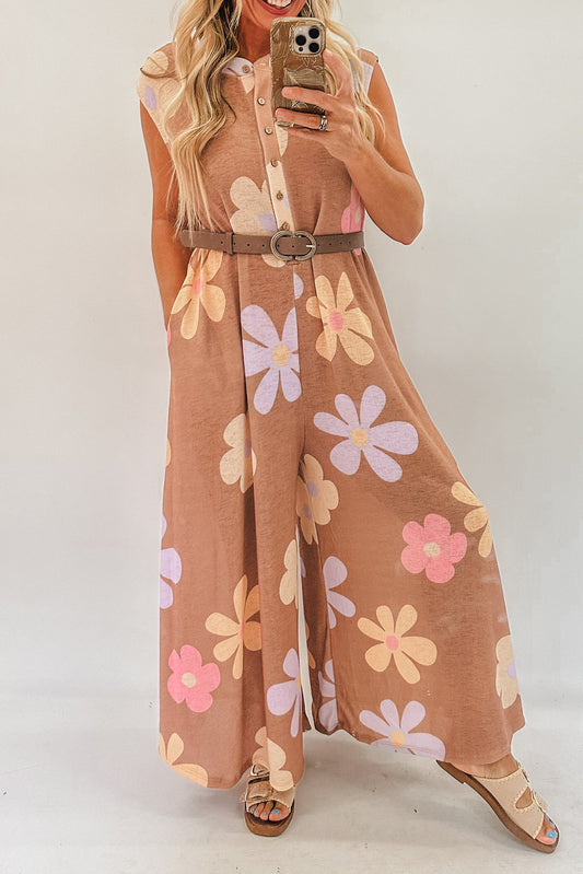 Khaki Floral Print Sleeveless Button up Wide Leg Loose Jumpsuit-Jumpsuits-[Adult]-[Female]-Khaki-S-2022 Online Blue Zone Planet