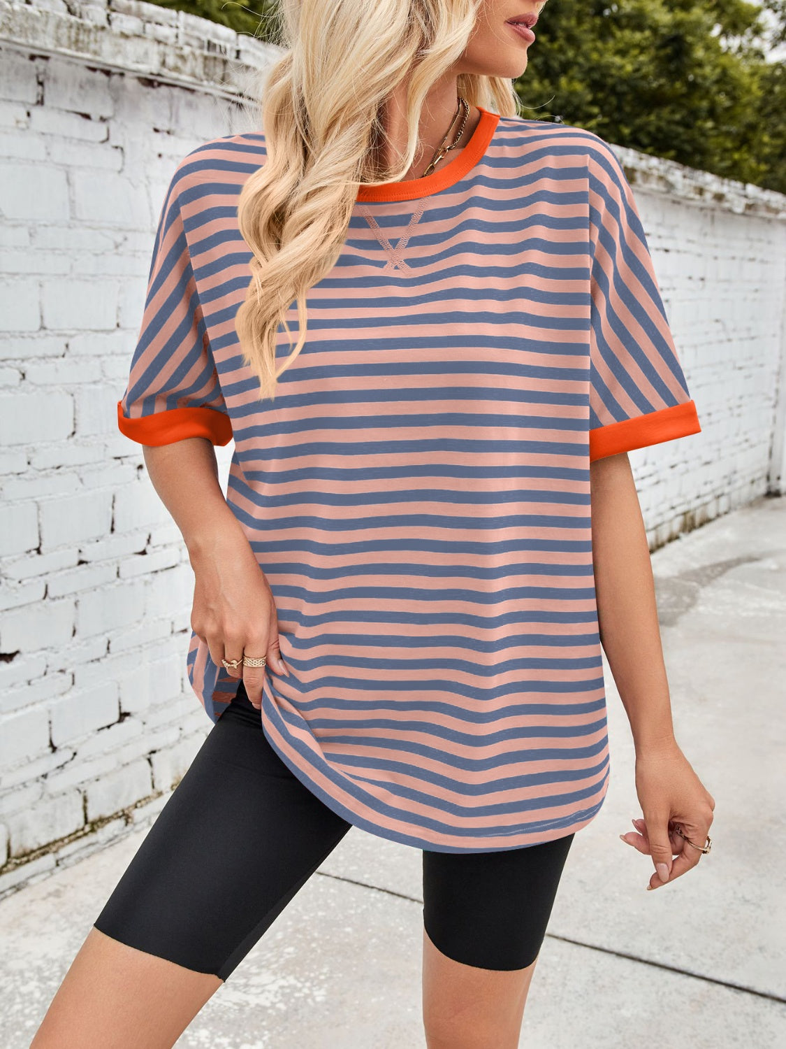 Lovelet Striped Round Neck Half Sleeve T-Shirt-TOPS / DRESSES-[Adult]-[Female]-Sherbet-S-2022 Online Blue Zone Planet