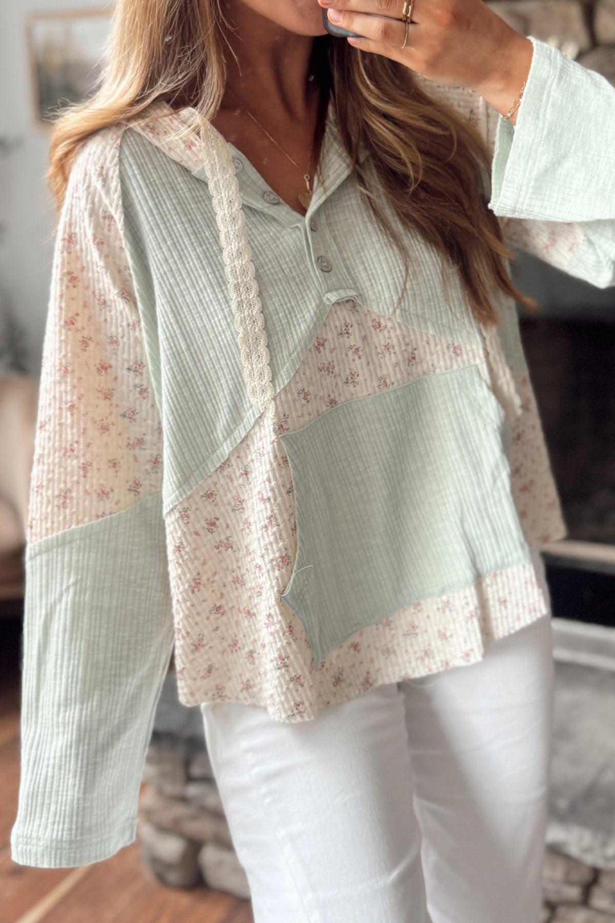 Clearly Aqua Textured Floral Patchwork Button Hooded Long Sleeve Top