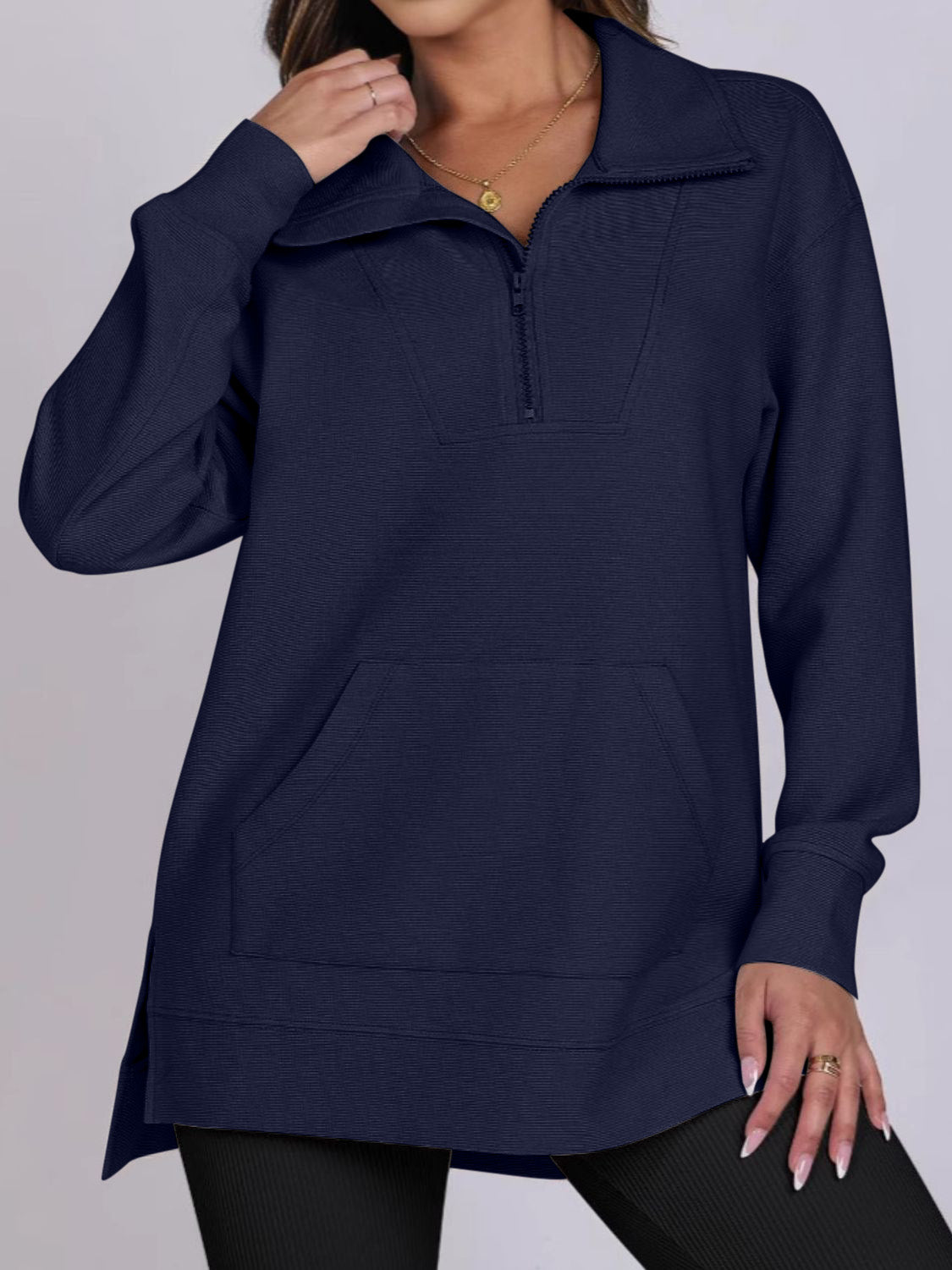 Blue Zone Planet | ฺHigh-Low Quarter Zip Long Sleeve Sweatshirt-TOPS / DRESSES-[Adult]-[Female]-Dark Blue-S-2022 Online Blue Zone Planet