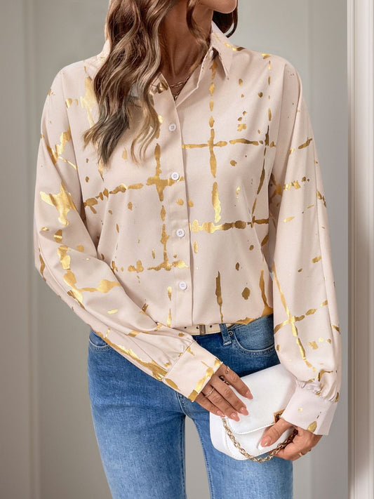 Perfee Printed Collared Neck Long Sleeve Shirt-TOPS / DRESSES-[Adult]-[Female]-Tan-S-2022 Online Blue Zone Planet