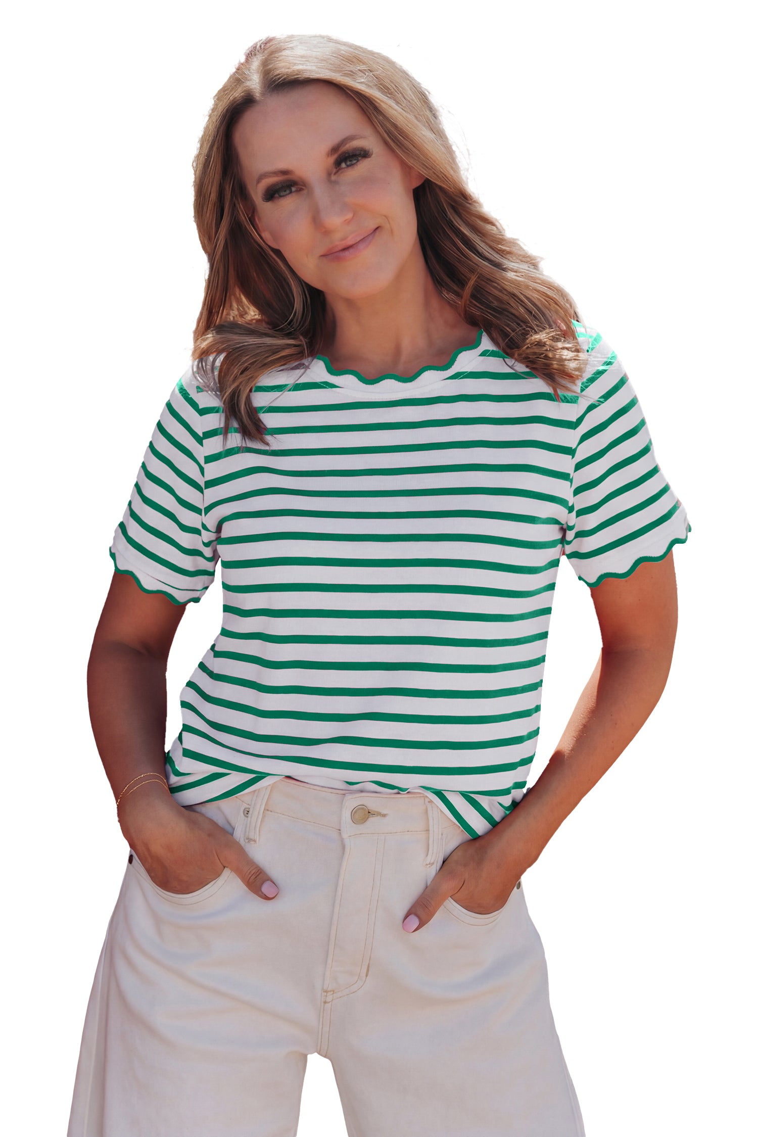Pink Stripe Scalloped Trim Round Neck T Shirt-Tops/Tops & Tees-[Adult]-[Female]-2022 Online Blue Zone Planet