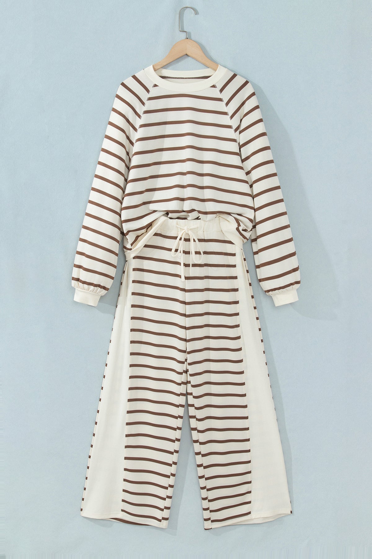 Khaki Stripe Relaxed Long Sleeve Top Color Block Detail Drawstring Pant Set-Two Piece Sets/Pant Sets-[Adult]-[Female]-2022 Online Blue Zone Planet