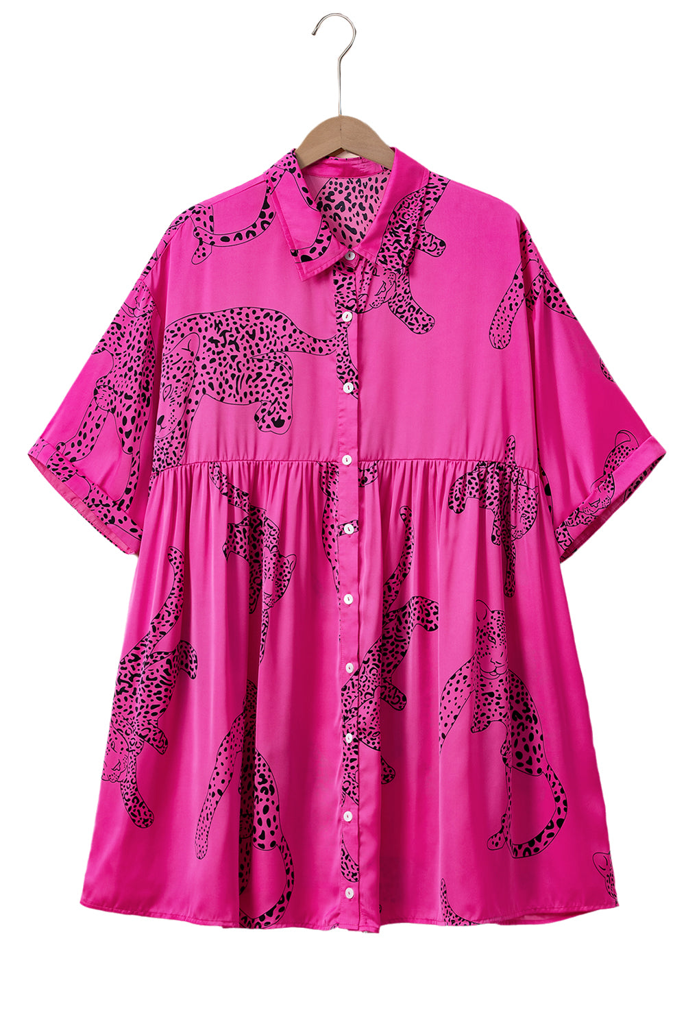 Rose Cheetah Print Half Sleeve Buttoned Plus Size Mini Dress-TOPS / DRESSES-[Adult]-[Female]-2022 Online Blue Zone Planet