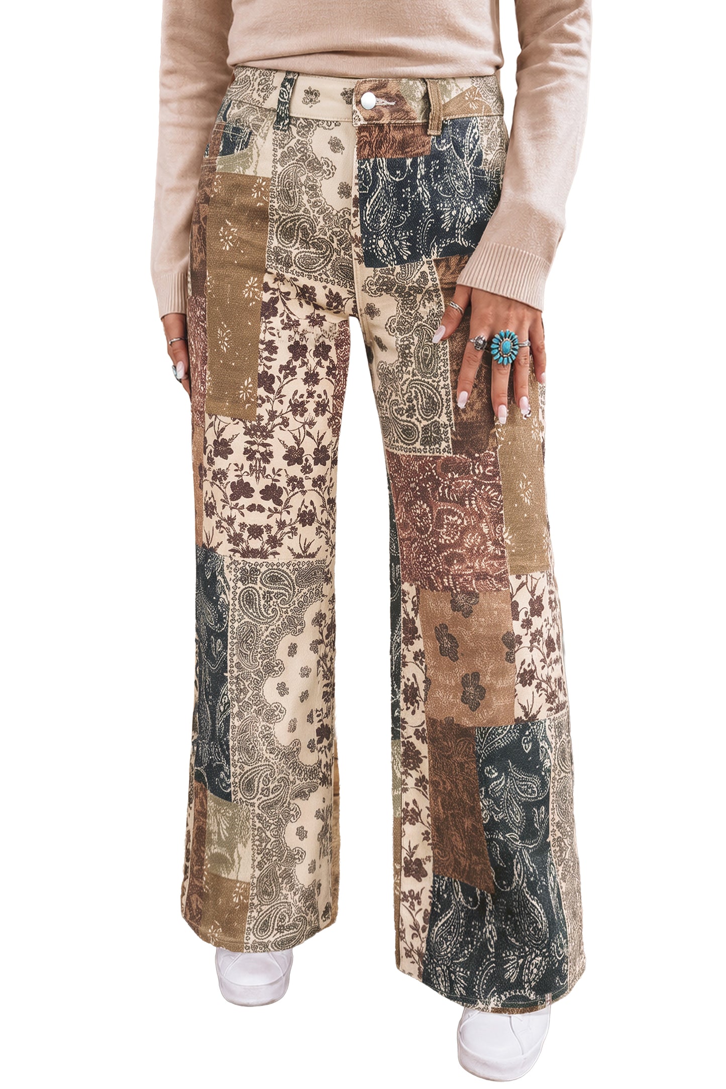 Khaki Patchwork Print Casual Shift Jeans