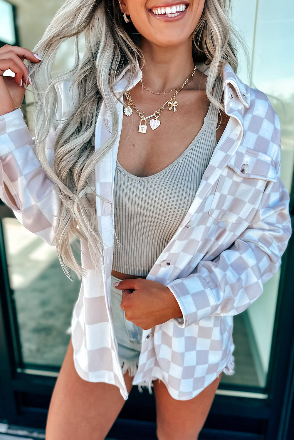 Khaki Checkerboard Flap Pocket Button Front Shacket-Outerwear/Plaid Shackets-[Adult]-[Female]-Khaki-S-2022 Online Blue Zone Planet