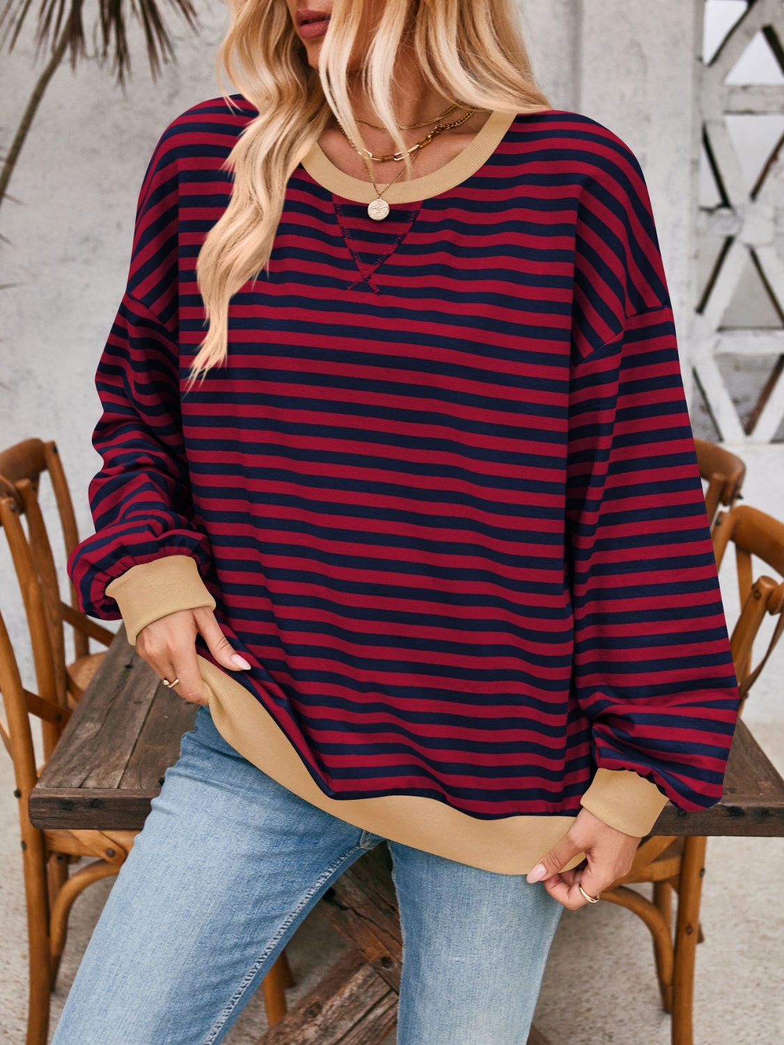 Blue Zone Planet | Lovelet Contrast Striped Long Sleeve Sweatshirt-TOPS / DRESSES-[Adult]-[Female]-Burgundy-S-2022 Online Blue Zone Planet