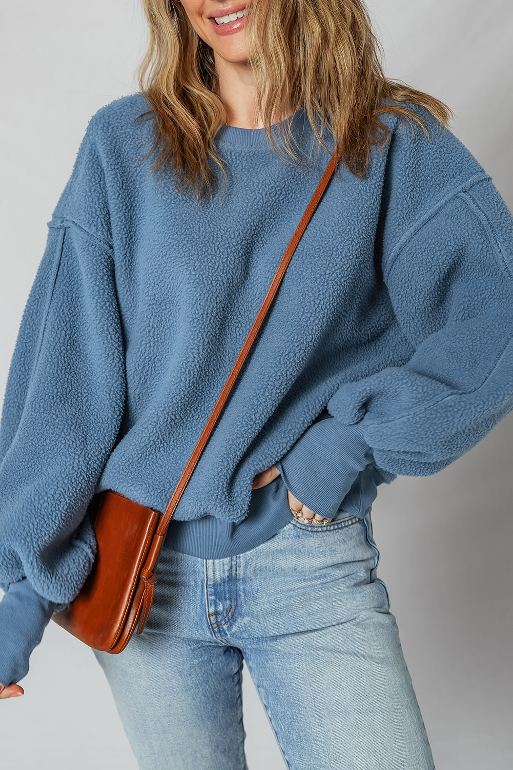 Sail Blue Fleece Drop Shoulder Exposed Seam Patchwork Casual Sweatshirt-Tops/Sweatshirts & Hoodies-[Adult]-[Female]-2022 Online Blue Zone Planet