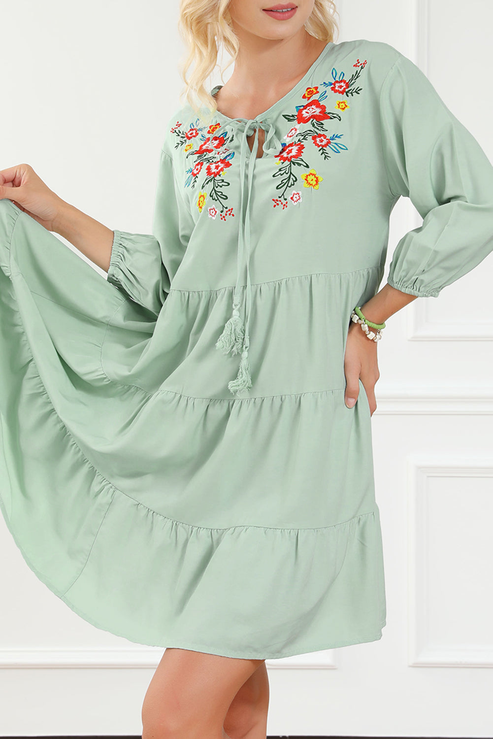 Blue Zone Planet | Green Floral Embroidery Tiered Ruffle Hem Dress-TOPS / DRESSES-[Adult]-[Female]-Green-S-2022 Online Blue Zone Planet