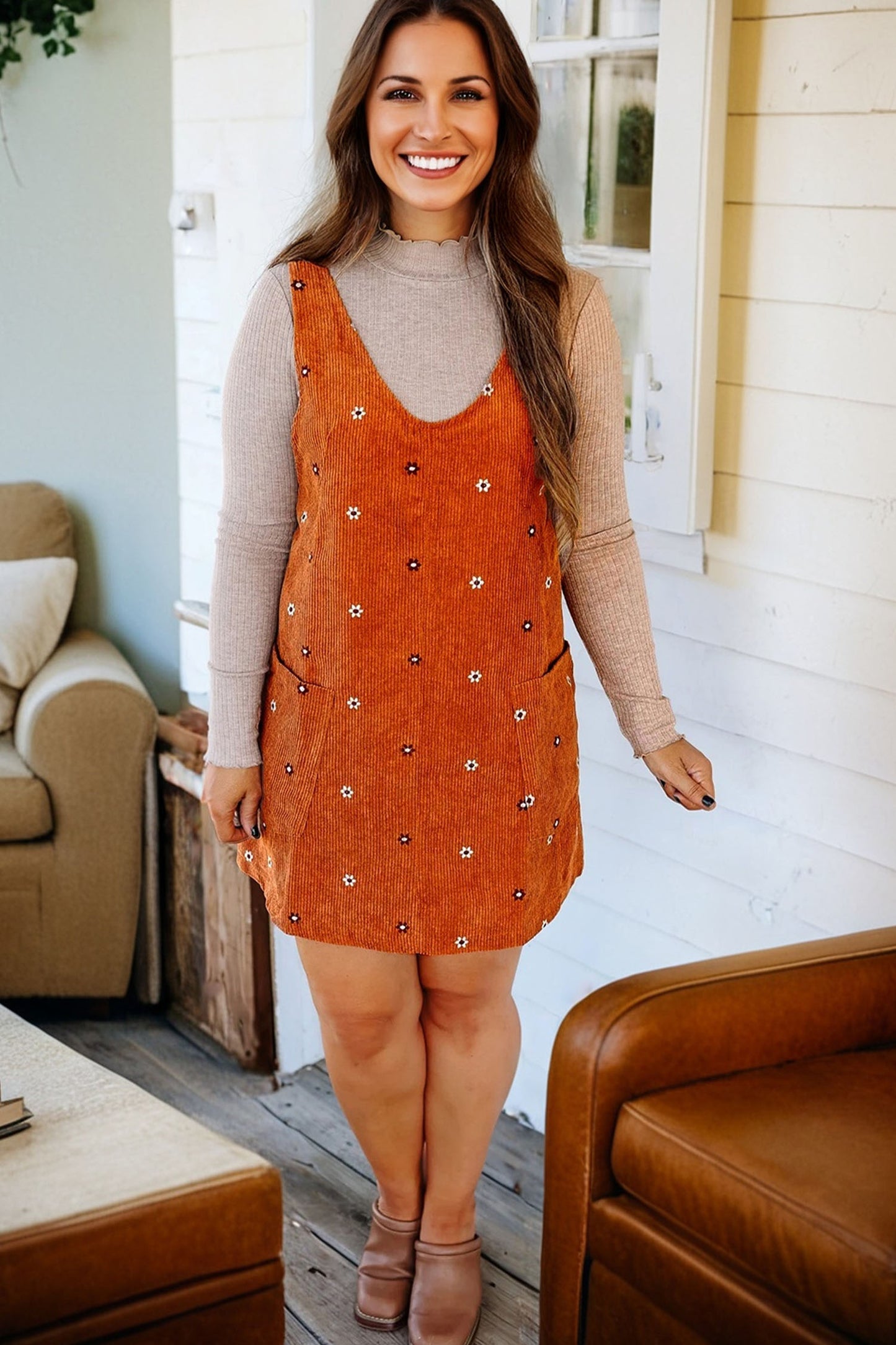 Gold Flame Flower Embroidered Corduroy Overall Mini Dress-TOPS / DRESSES-[Adult]-[Female]-2022 Online Blue Zone Planet