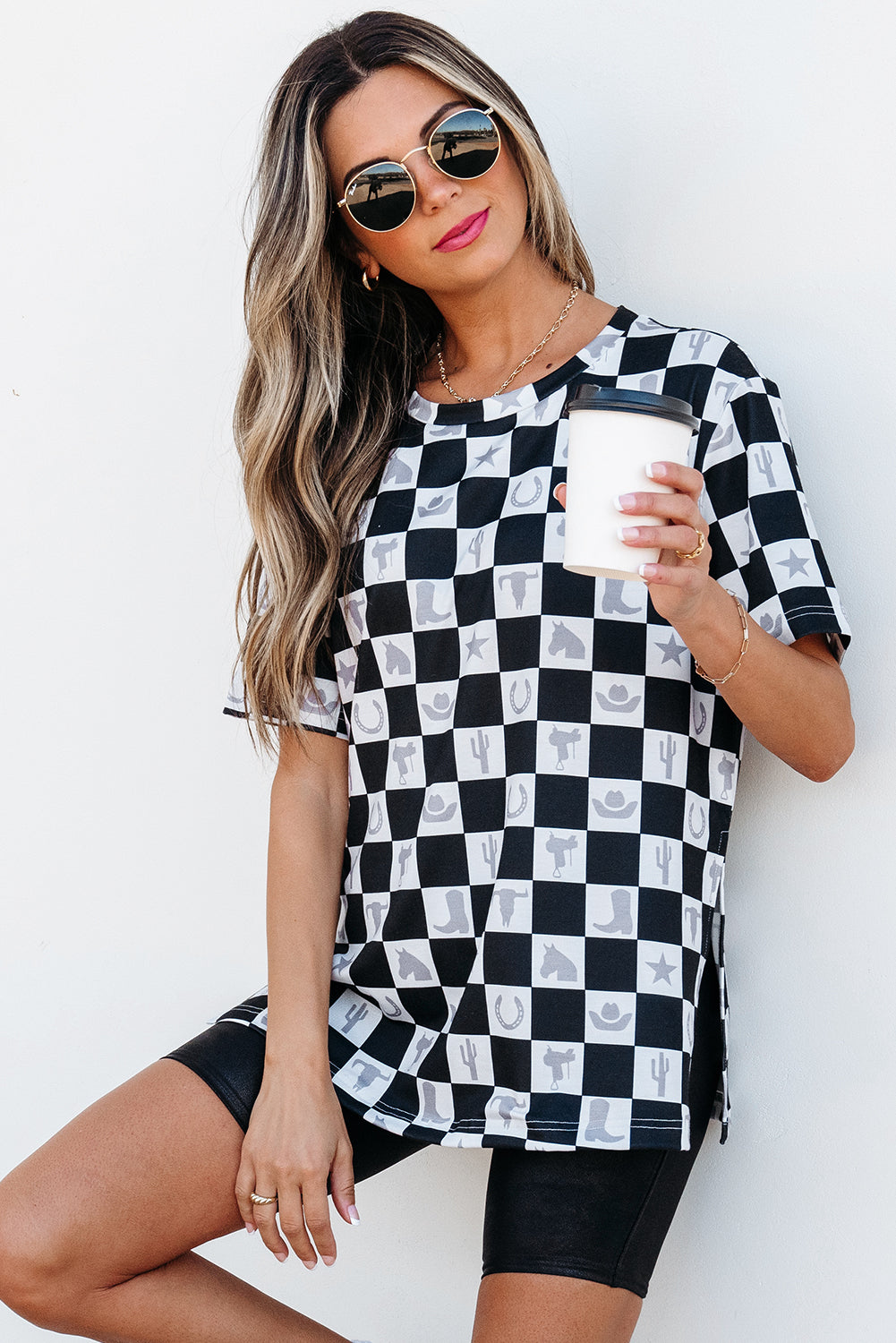 Black Western Fashion Checkerboard Print Side Split T Shirt-Tops/Tops & Tees-[Adult]-[Female]-2022 Online Blue Zone Planet