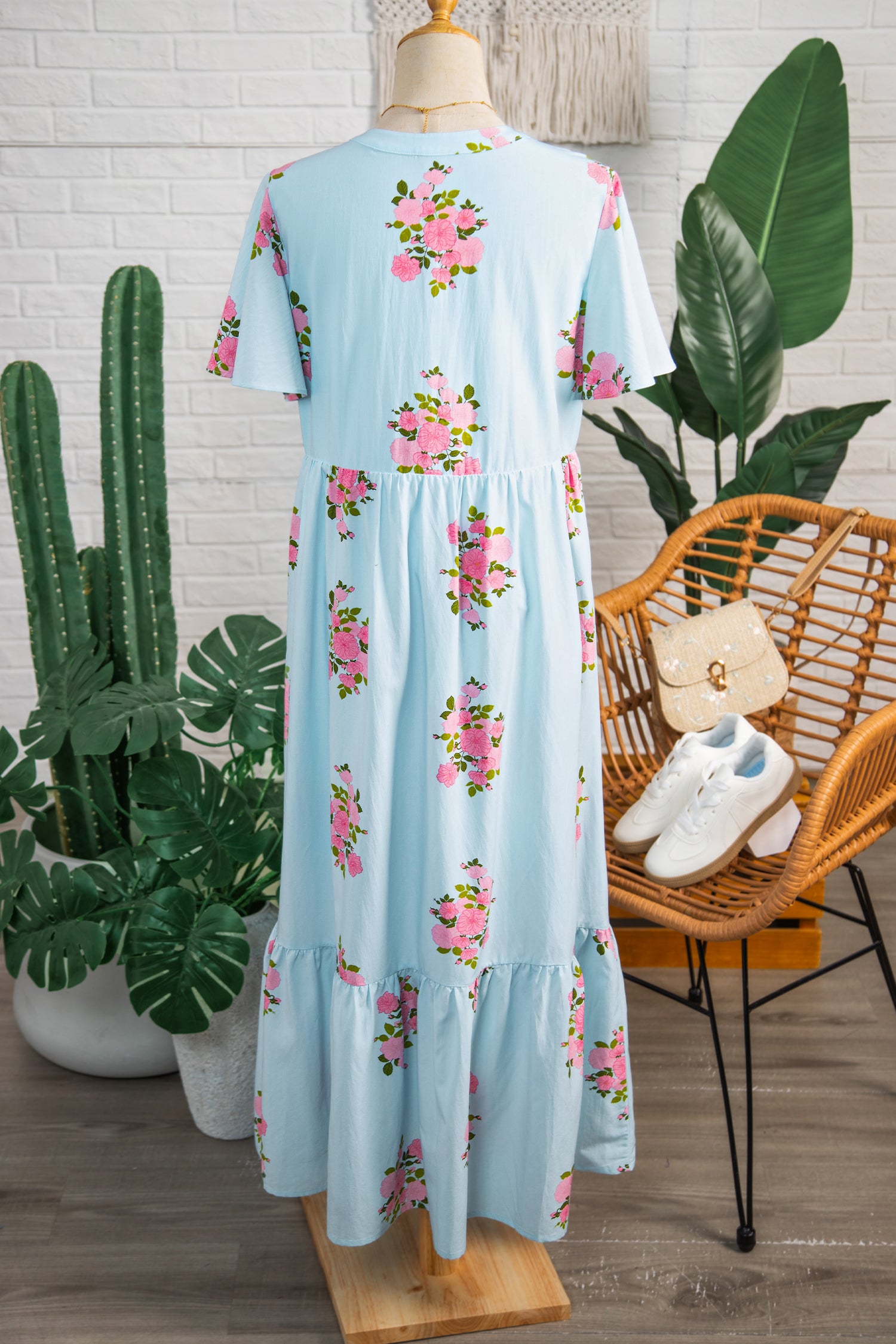 Sky Blue Notched Neck Flutter Short Sleeve Floral Print Maxi Dress-TOPS / DRESSES-[Adult]-[Female]-2022 Online Blue Zone Planet