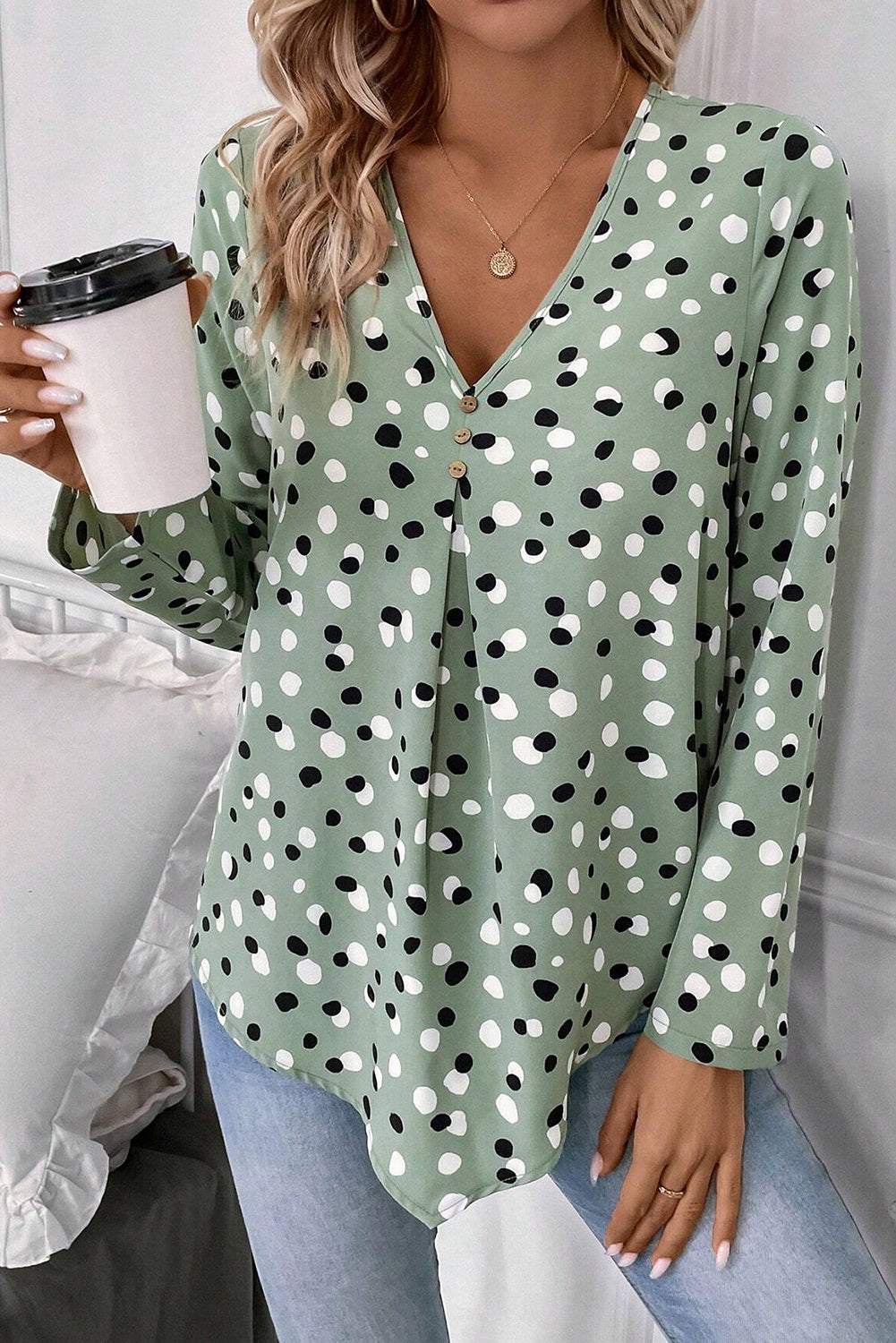 White Polka Dot Print Button Front V Neck Blouse-Tops/Blouses & Shirts-[Adult]-[Female]-Green-S-2022 Online Blue Zone Planet