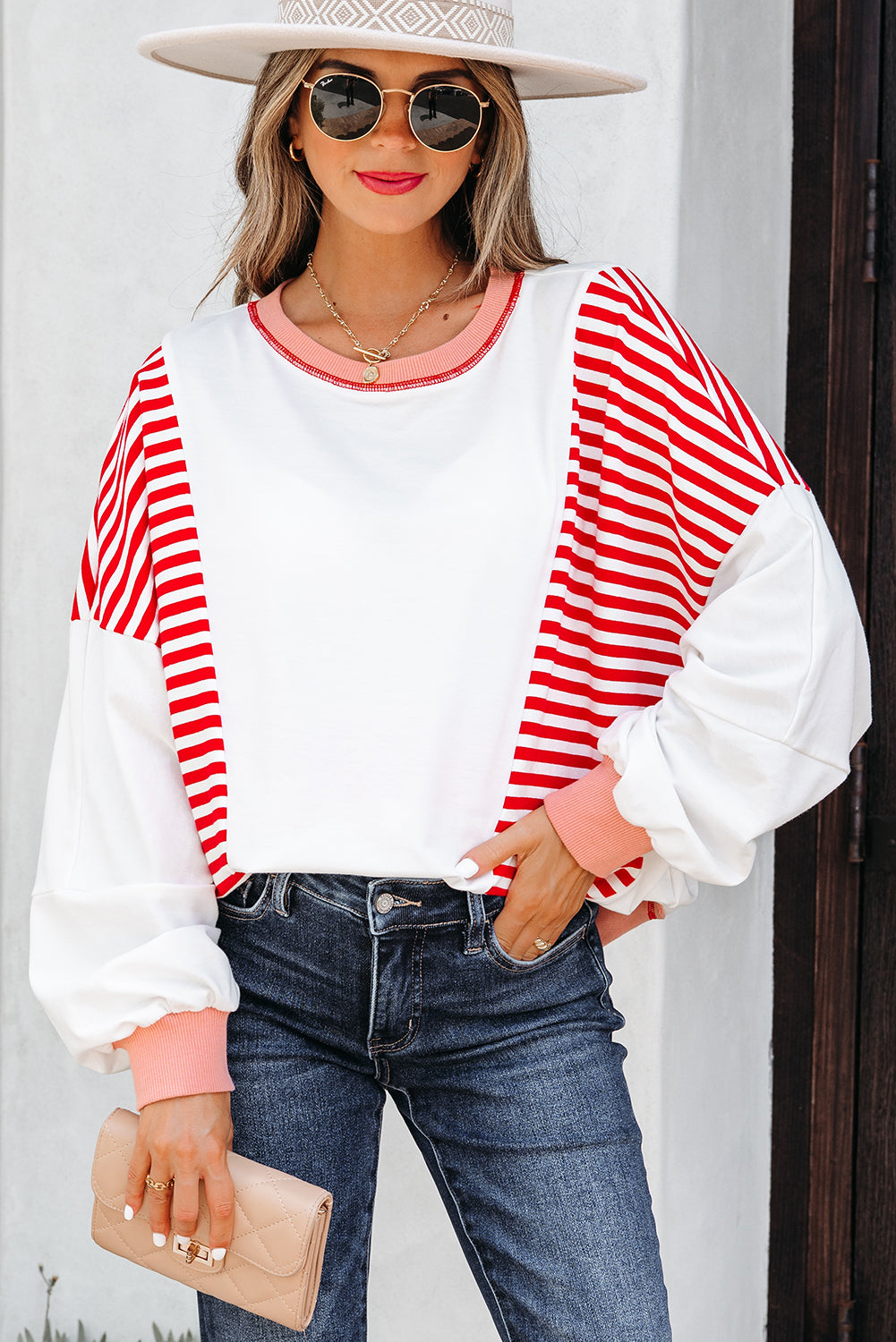 Red Stripe Colorblock Patchwork Contrast Stitching Oversize Sweatshirt-Tops/Sweatshirts & Hoodies-[Adult]-[Female]-2022 Online Blue Zone Planet