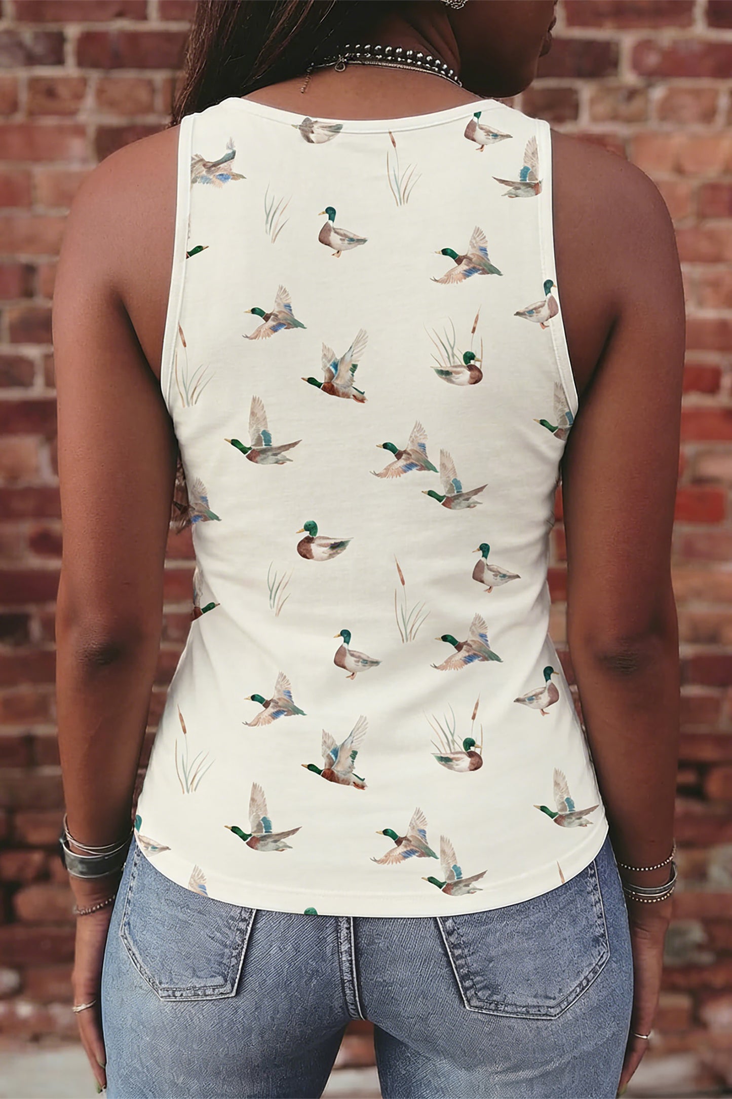 Beige Mallard Print Western Style Tank Top-Tops/Tank Tops-[Adult]-[Female]-2022 Online Blue Zone Planet