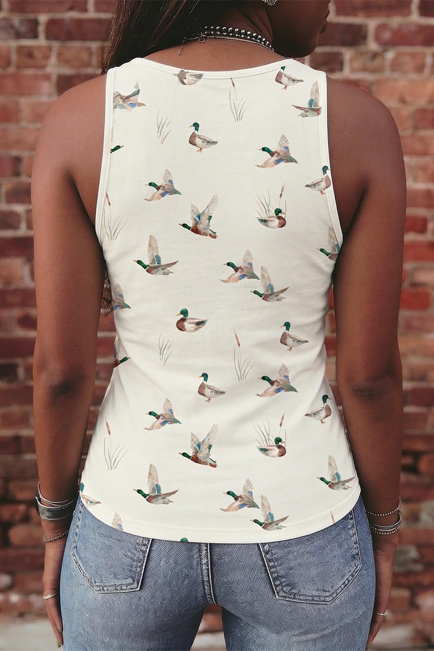 Beige Mallard Print Western Style Tank Top-Tops/Tank Tops-[Adult]-[Female]-2022 Online Blue Zone Planet