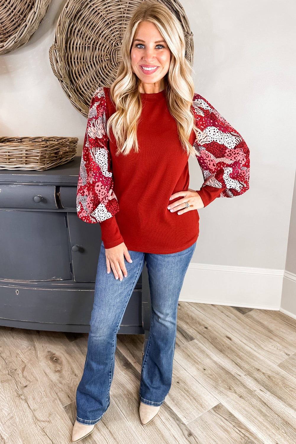 Fiery Red Contrast Mixed Animal Print Lantern Sleeve Patchwork Top-Tops/Long Sleeve Tops-[Adult]-[Female]-2022 Online Blue Zone Planet
