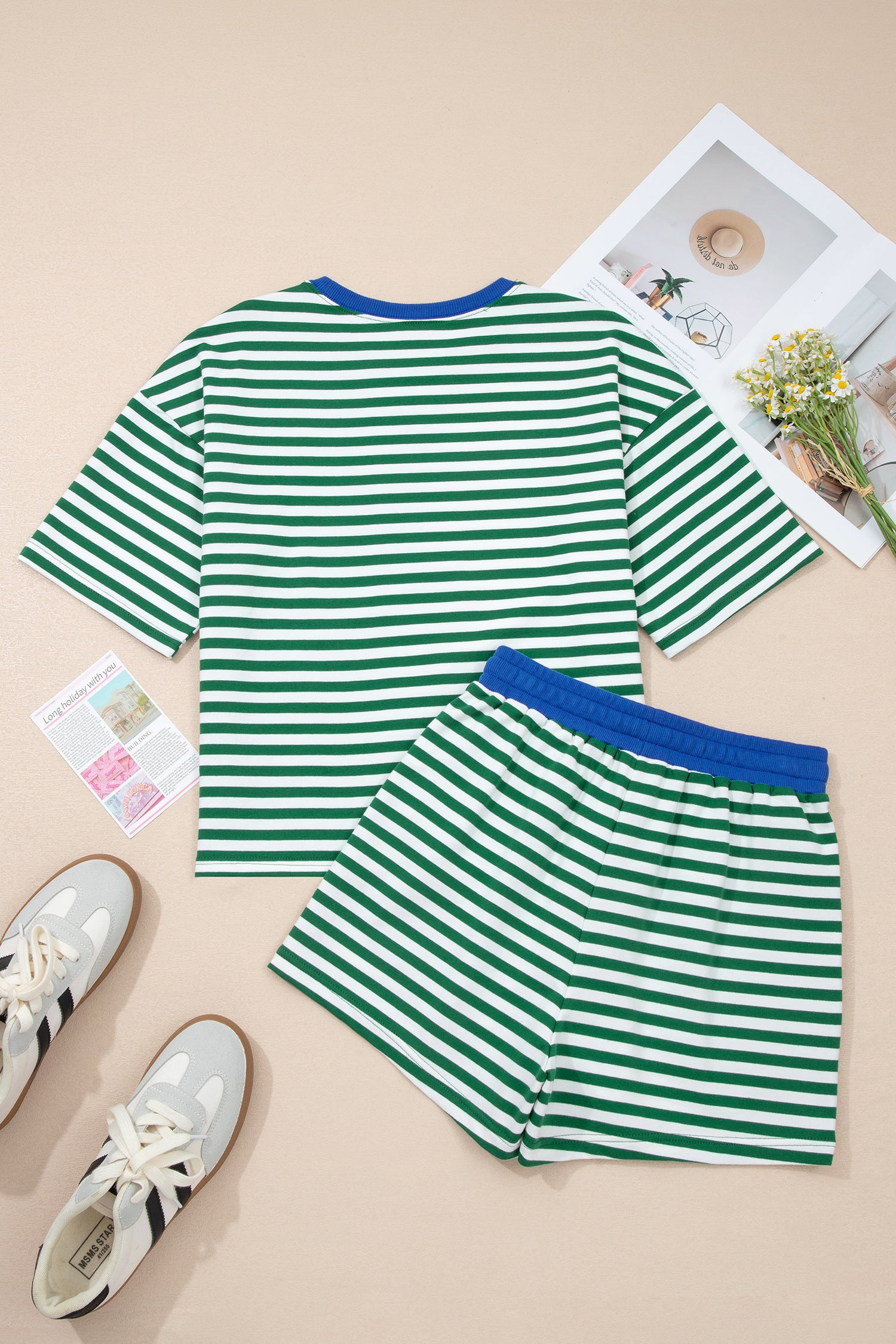Green Stripe Drop Shoulder Boxy Casual Terry Short Set-Two Piece Sets/Short Sets-[Adult]-[Female]-2022 Online Blue Zone Planet