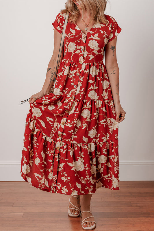 Red Floral Print Buttoned Front V Neck Tiered Short Sleeve Midi Dress-TOPS / DRESSES-[Adult]-[Female]-Red-S-2022 Online Blue Zone Planet