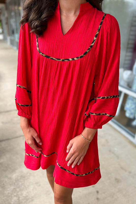 Fiery Red Textured V Neck Leopard Contrasted Trim Long Sleeve Shift Mini Dress-Dresses/Mini Dresses-[Adult]-[Female]-Fiery Red-S-2022 Online Blue Zone Planet