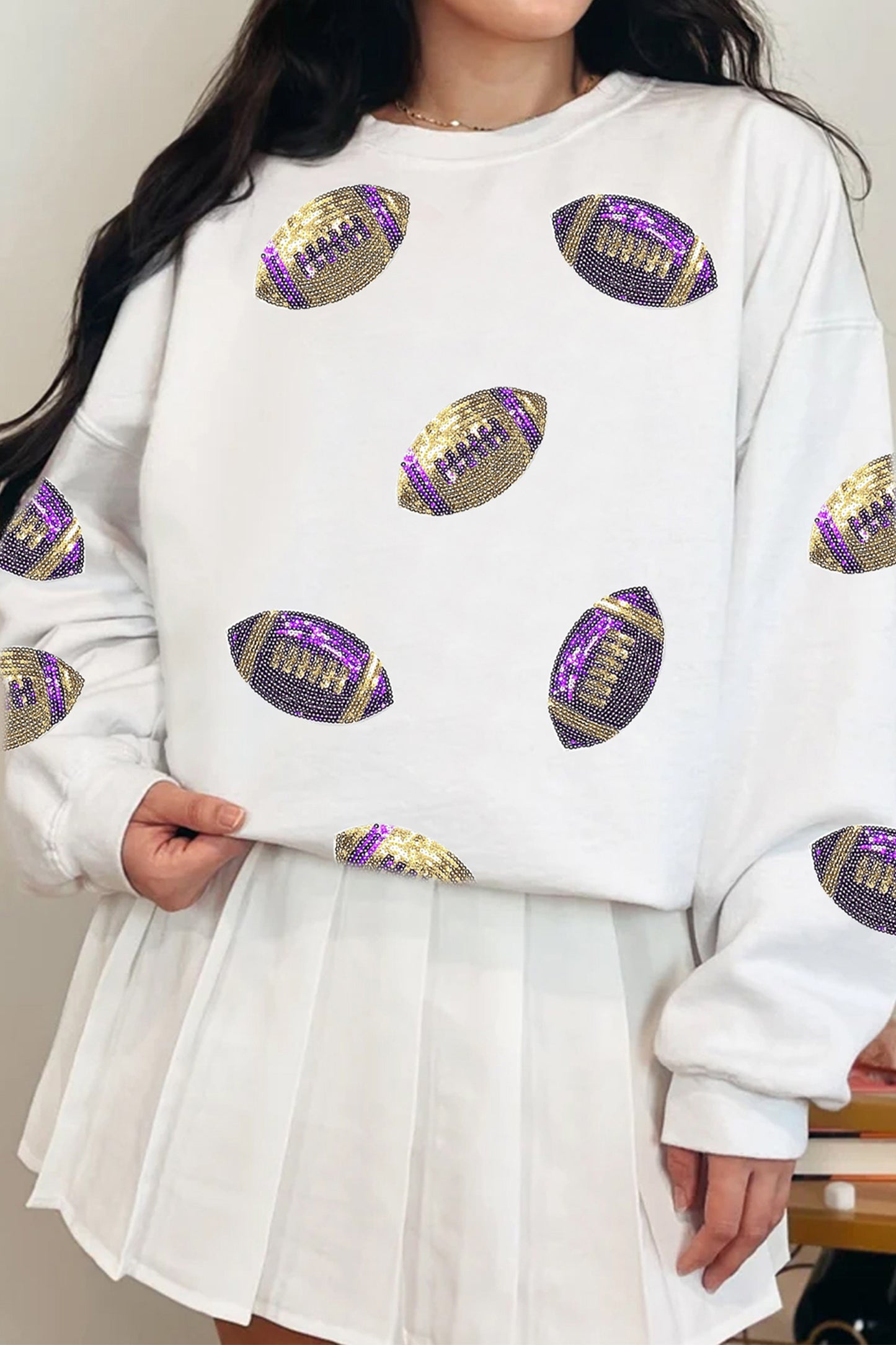 White Game Day Sequin Rugby Pattern Baggy Sweatshirt