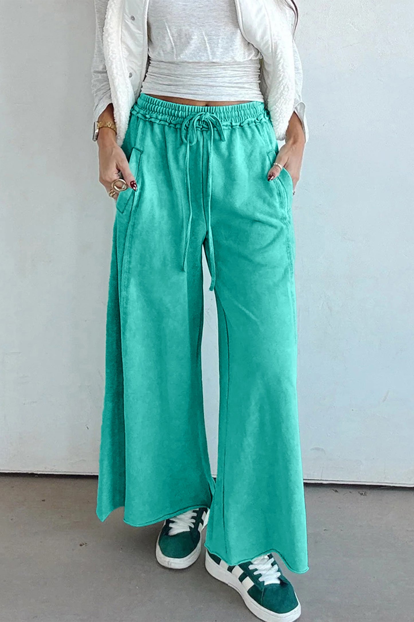 Sea Green Mineral Wash Drawstring Elastic Waist Raw Hem Loose Pants-Bottoms/Pants & Culotte-[Adult]-[Female]-Sea Green-S-2022 Online Blue Zone Planet