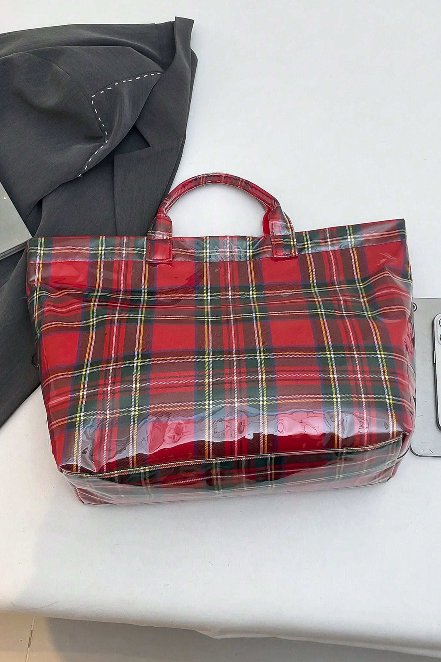 Fiery Red Plaid Pattern Pvc Glossy Waterproof Tote Bag-Shoes & Bags/Handbags-[Adult]-[Female]-2022 Online Blue Zone Planet