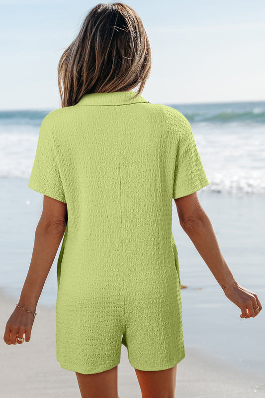 Meadow Mist Green Textured Short Sleeve Patched Pocket Buttoned Shirt Romper-Bottoms/Jumpsuits & Rompers-[Adult]-[Female]-2022 Online Blue Zone Planet
