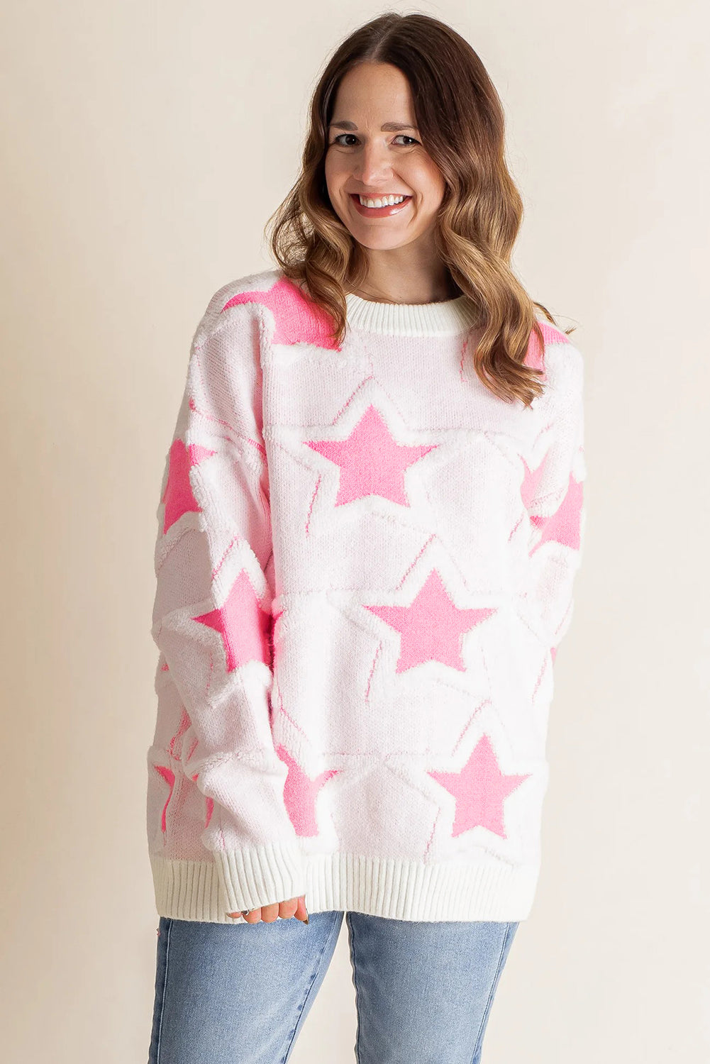 Sachet Pink Oversized Cute Star Pattern Ribbed Edge Drop Shoulder Sweater-Sweaters & Cardigans/Sweaters-[Adult]-[Female]-2022 Online Blue Zone Planet
