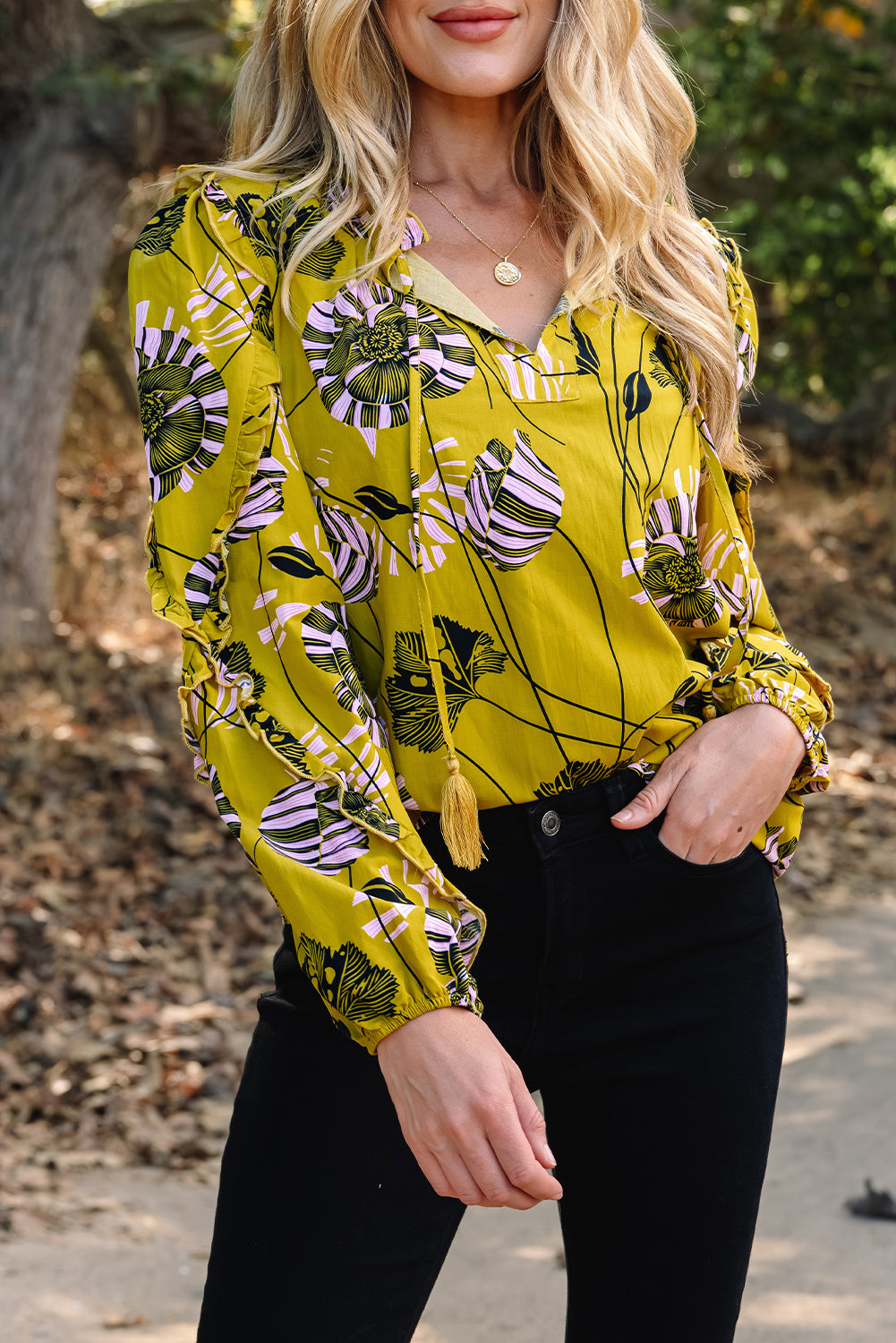 Yellow Vintage Floral V Neck Ruffle Trim Long Sleeve Blouse-Tops/Blouses & Shirts-[Adult]-[Female]-2022 Online Blue Zone Planet
