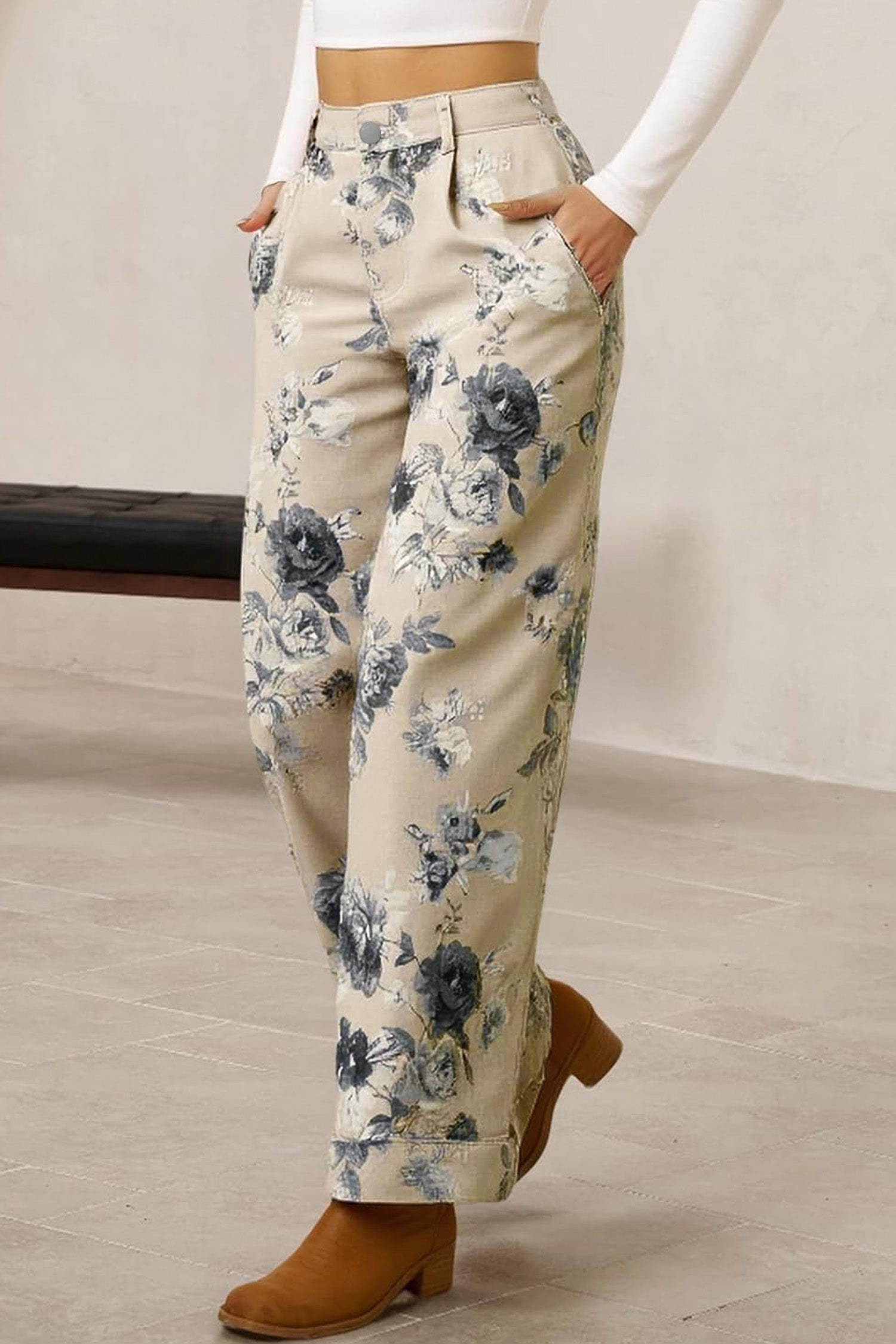 Beige Retro Floral Print Turn-up Cuffed Hem Loose Jeans-Bottoms/Jeans-[Adult]-[Female]-2022 Online Blue Zone Planet