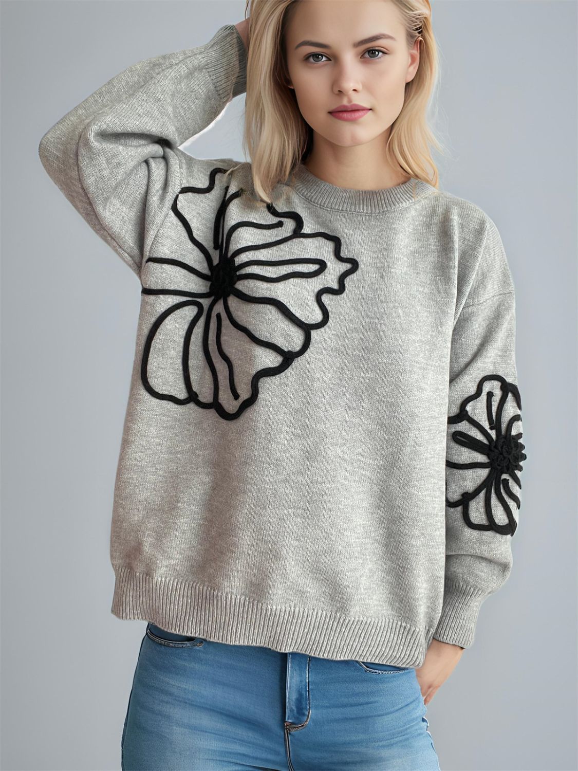 Flower Round Neck Long Sleeve Sweater-TOPS / DRESSES-[Adult]-[Female]-2022 Online Blue Zone Planet