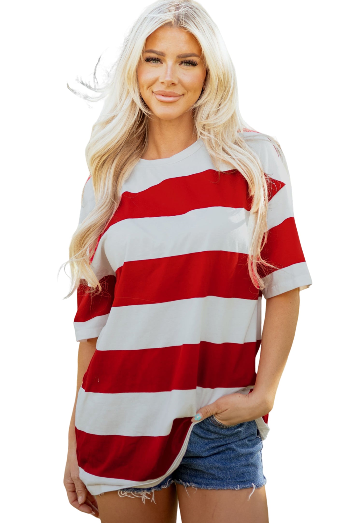 Racing Red Striped Color Block Oversize Tunic Tee-Tops/Tops & Tees-[Adult]-[Female]-2022 Online Blue Zone Planet