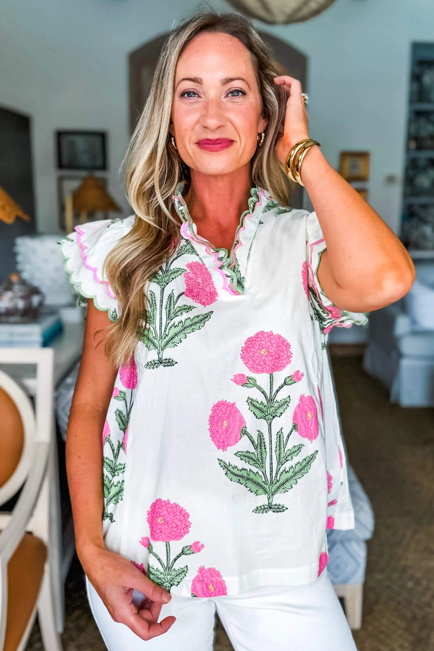 Pink Wild Flower Print Contrast Trim Scallop Detail Short Sleeve Blouse-Tops/Blouses & Shirts-[Adult]-[Female]-2022 Online Blue Zone Planet