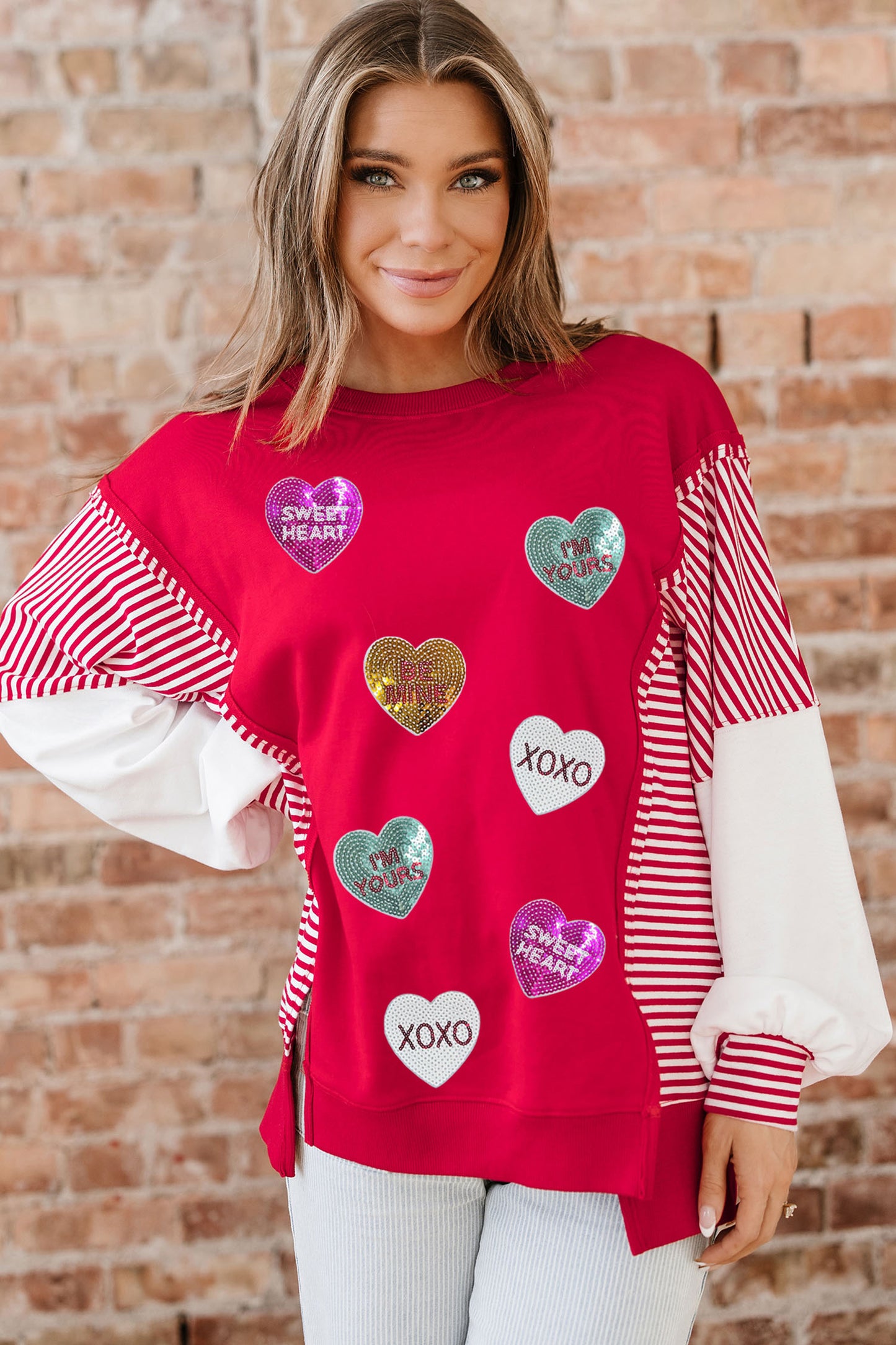 Fiery Red Valentines Day Slogan Sequin Heart Graphic Striped Color Block Patchwork Sweatshirt-Graphic Sweatshirts-[Adult]-[Female]-2022 Online Blue Zone Planet